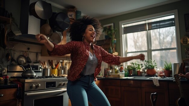 Mulher dança na cozinha enquanto cozinha o jantar em casa