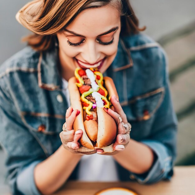 Mulher de alto ângulo com delicioso cachorro-quente