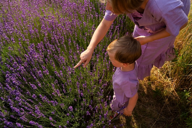 Mulher de alto ângulo e criança no campo de lavanda