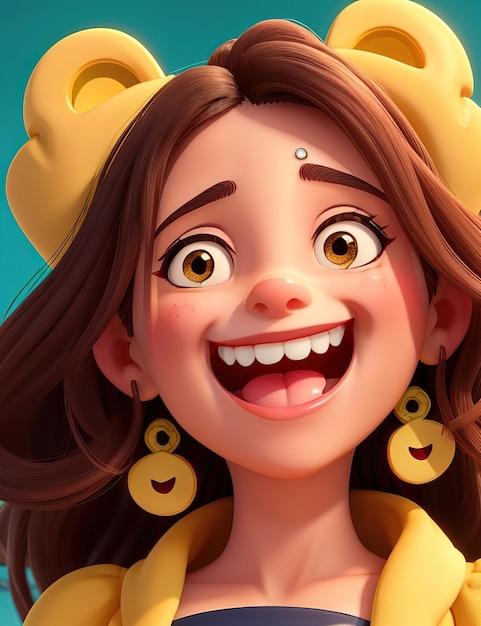Mulher de animação 3D vestindo roupa amarela com cabelo castanho