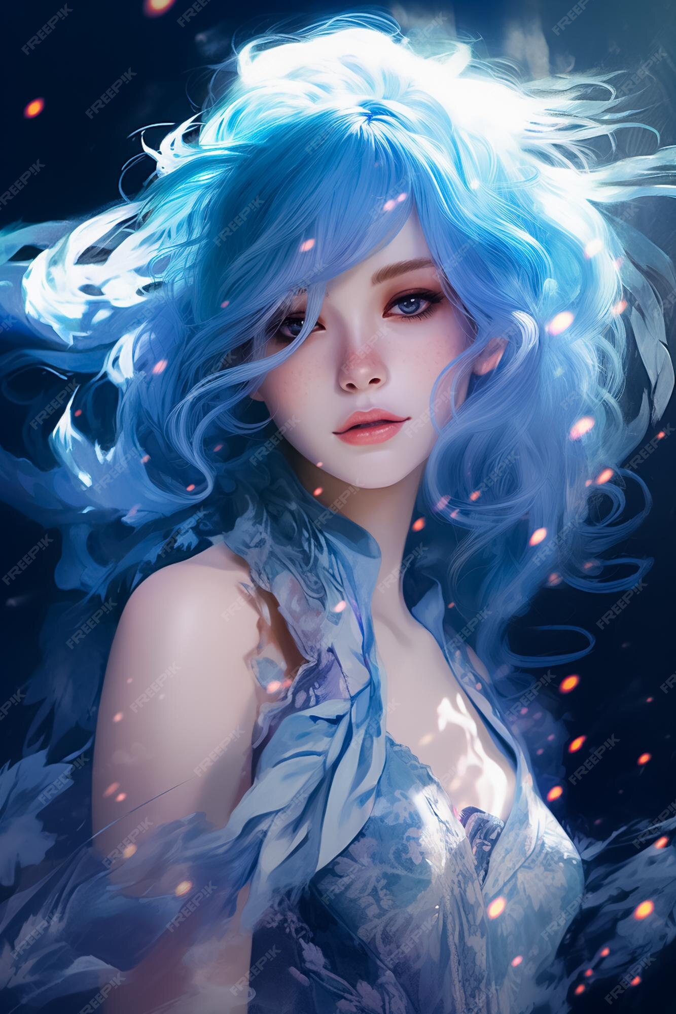 Mulher de anime de fantasia com cabelo azul e conceito de personagem de jogo  de dragão gerado por ai