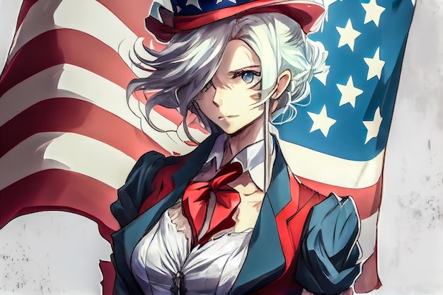 Foto mulher de anime dos eua no fundo da bandeira americana generative ai