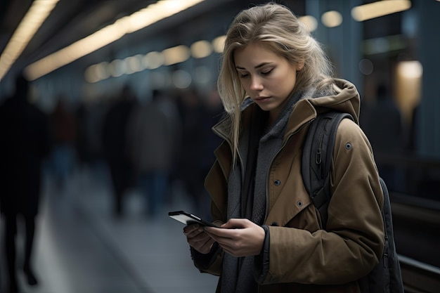 Mulher de aparência nórdica frustrada com telefone na mão na estação de trem ao lado da plataforma vazia