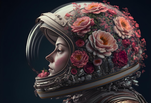 Mulher de astronauta de retrato no capacete em flores retrato de beleza de um capacete de cosmonauta romântica em ilustração 3d de flores silvestres