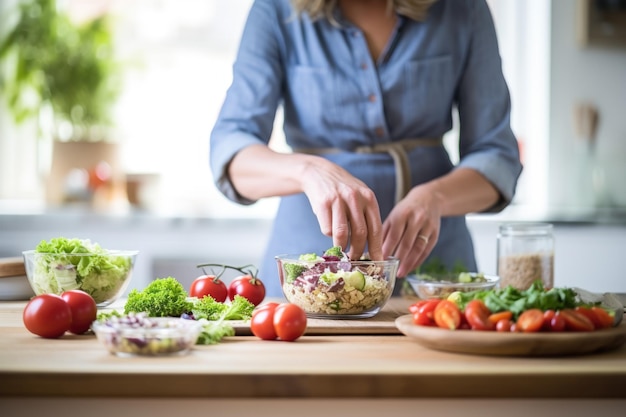 Mulher de avental a arranjar a sua sanduíche de salada de atum fresco