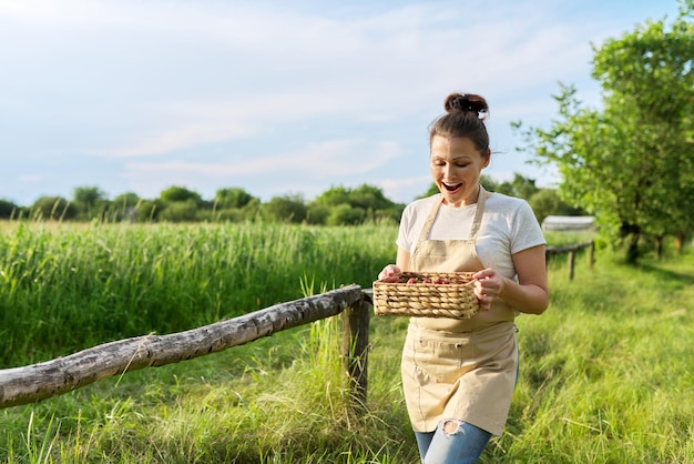 Mulher de avental com uma cesta de morangos frescos fundo de paisagem natural agricultura de alimentos orgânicos saudáveis e jardinagem de pequenas empresas e hobbies copiam o espaço