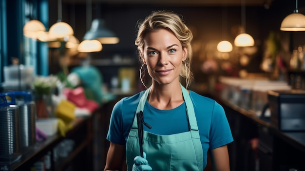 Mulher de avental de pé no restaurante