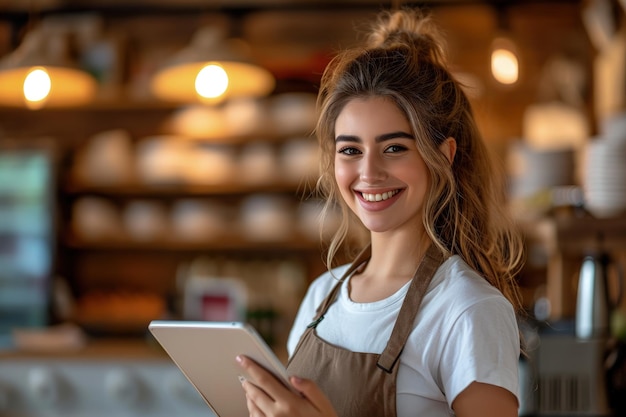 Mulher De Avental Segurando Um Tablet