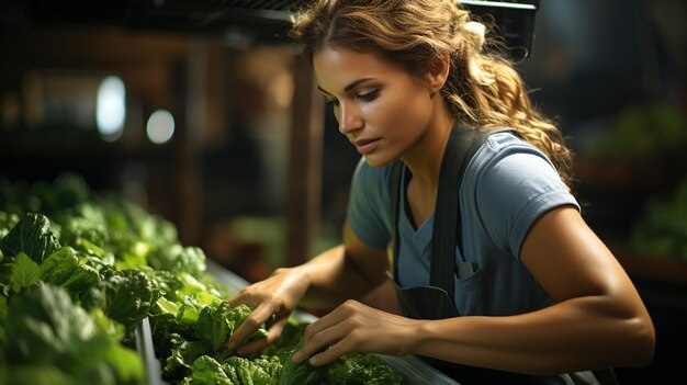 mulher de avental segurando uma cesta com legumes verdes frescos na estufa