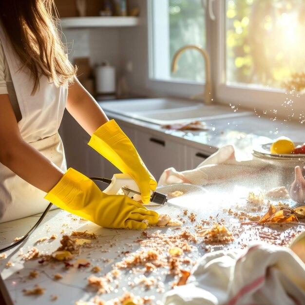 Mulher de BA com luvas amarelas a limpar um balcão de cozinha bagunçado