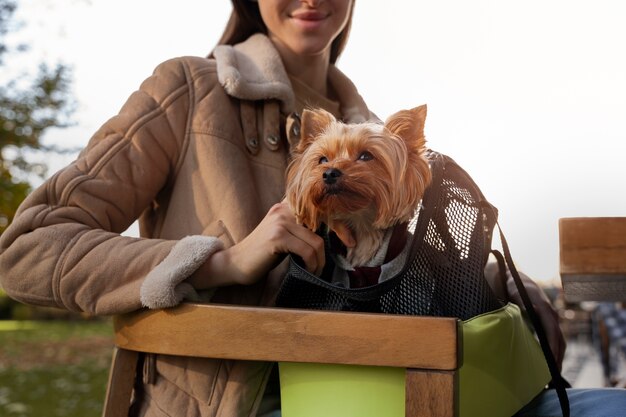 Foto mulher de baixo ângulo carregando cachorro na bolsa