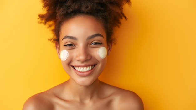 Foto mulher de beleza alegre com creme no rosto sorri contra um fundo amarelo