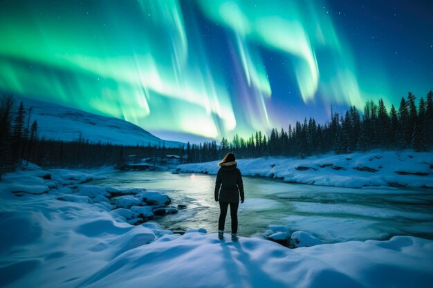 Mulher de beleza celestial assombrada pela exibição das luzes do norte