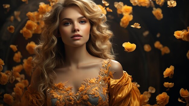 mulher de beleza com cabelos encaracolados garota bonita com cabelos loiros modelo de moda com flores no fundo