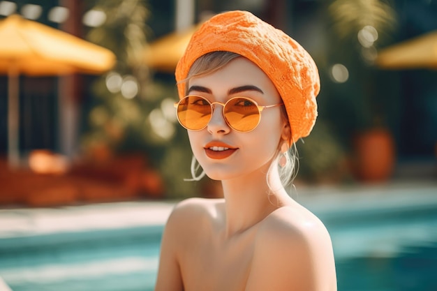 mulher de beleza com chapéu e óculos de sol aproveitando suas férias de verão na piscina AI generativa