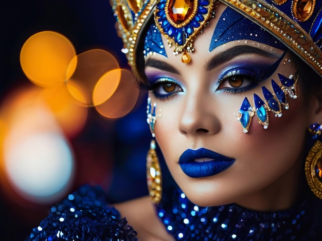 Mulher de beleza com maquiagem azul evento de carnaval