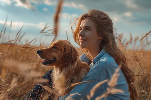 Mulher de beleza com seu cachorro brincando ao ar livre