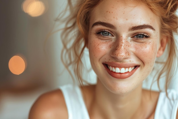 Mulher de beleza com sorriso perfeito branco olhando para a câmera em casa