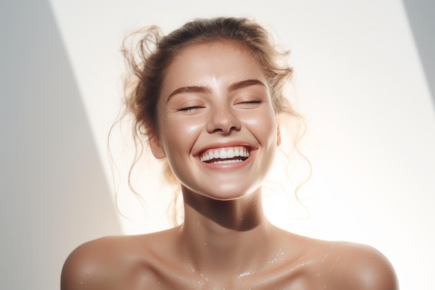 Mulher de beleza expressando facialmente sua alegria e sorrindo em cosméticos naturais de fundo branco para creme hidratante facial