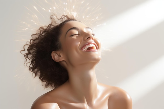 Mulher de beleza expressando facialmente sua alegria e sorrindo em cosméticos naturais de fundo branco para creme hidratante facial