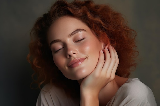 Mulher de beleza expressando sua alegria e sorrindo em fundo branco cosmético natural para creme hidratante facial