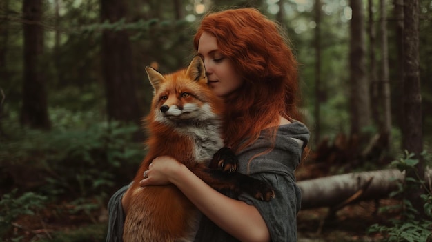 Mulher de beleza ruiva segurando uma raposa na frente de seu peito em uma floresta densa