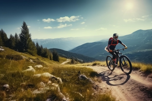 Mulher de bicicleta de montanha andando de bicicleta na paisagem de montanha de verão