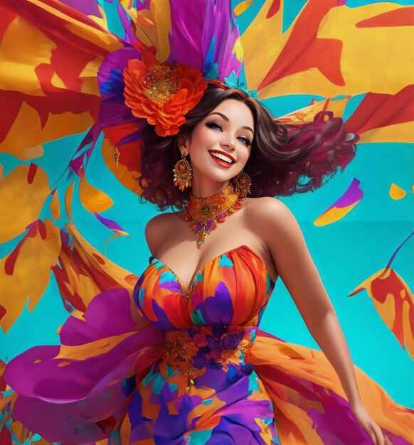 mulher de biquíni colorido com chapéu colorido