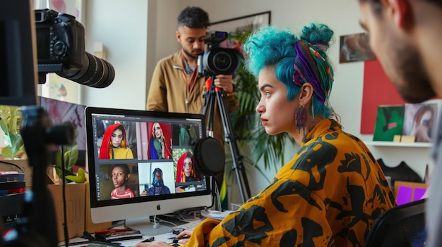 Mulher de cabelo azul no computador