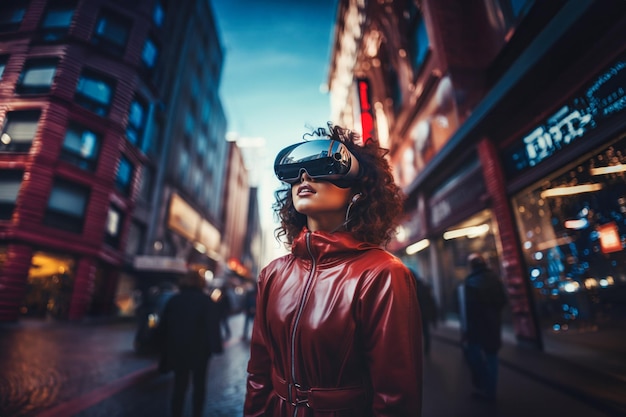 Mulher de cabelo cacheado com óculos de realidade virtual no meio de uma rua futurista de uma cidade grande