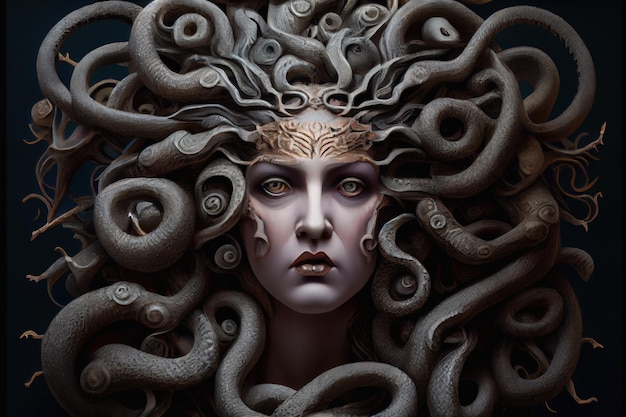 Foto mulher de cabelo de cobra olhar petrificante mitologia grega perseus generative ai