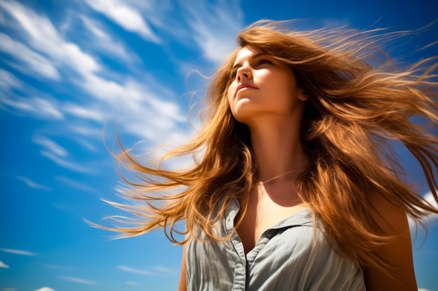 Foto mulher de cabelo longo está olhando para o céu