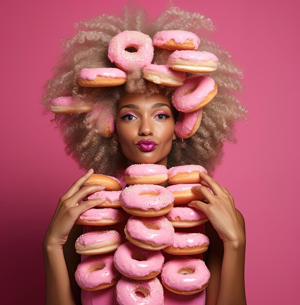 Foto mulher de cabelo natural comendo uma grande pilha de donuts brancos no estilo de rosa