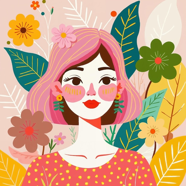 Mulher de cabelo rosa cercada de flores e folhas