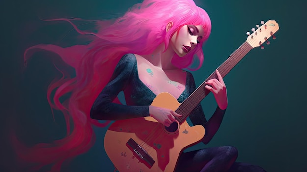 mulher de cabelo rosa tocando guitarra ai gerado