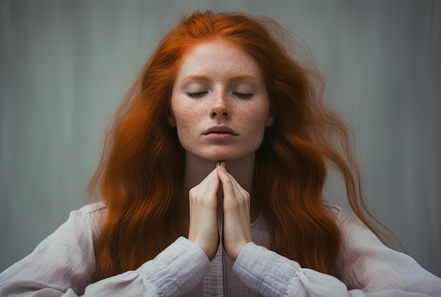 mulher de cabelo ruivo meditando com as mãos nela