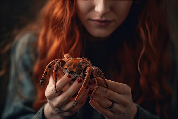 Mulher de cabelo ruivo segurando aranha generativa Ai