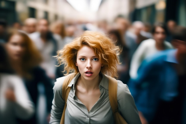 Mulher de cabelo vermelho caminhando por uma rua lotada