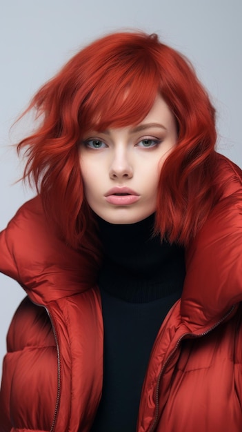 Mulher de cabelo vermelho com casaco vermelho