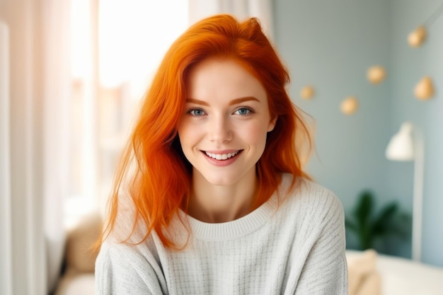 Mulher de cabelo vermelho está sorrindo para a câmera AI generativa