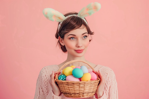 mulher de cabelos curtos com orelhas de coelho faixa para a cabeça e cesta de ovos coloridos contra o estúdio de pêssego claro ba