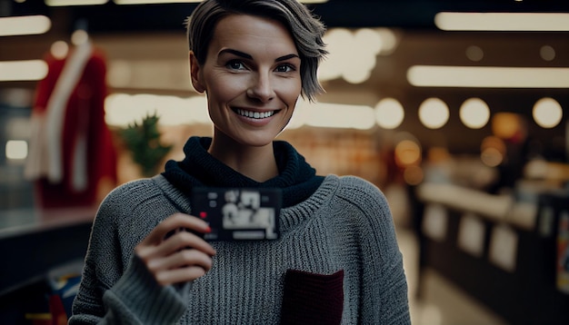 Mulher de cabelos curtos com um sorriso satisfeito vestindo um suéter e um cartão de crédito em um fundo de shopping IA generativa