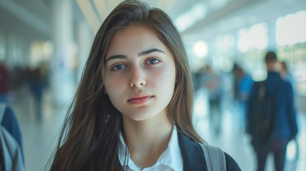 Mulher de cabelos longos com camisa branca em conferência de liderança