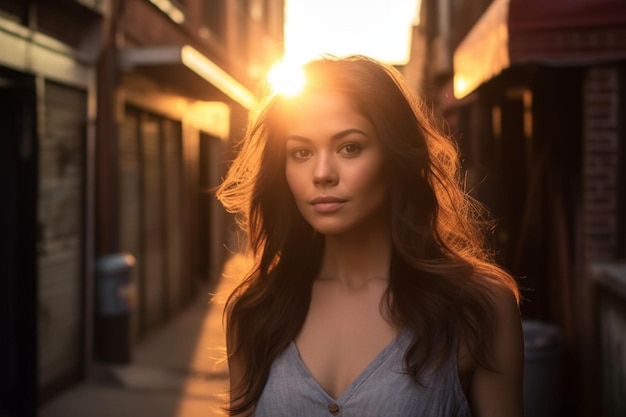 Mulher de cabelos muito escuros no beco com luz solar ao pôr do sol fotografia de luz escura