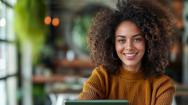 Foto mulher de cabelos rizados com um sorriso radiante vestindo uma camisola de mostarda sentada em um ambiente de café