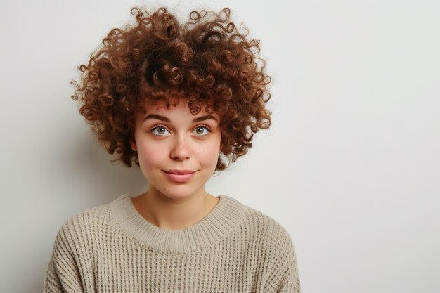 Foto mulher de cabelos rizados vestida casualmente sorrindo