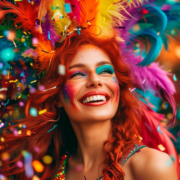 Foto mulher de cabelos vermelhos com penas multicoloridas para o carnaval