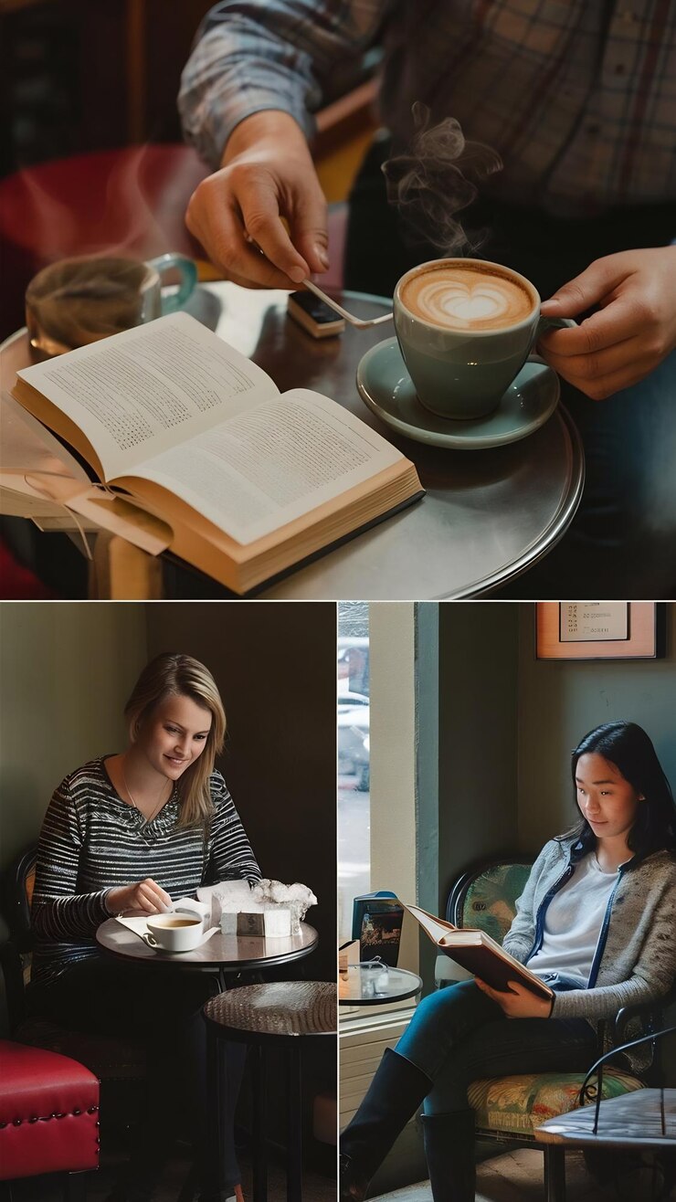 Foto mulher de café e livro de leitura na mesa com café para relaxar entretenimento ou história pela manhã