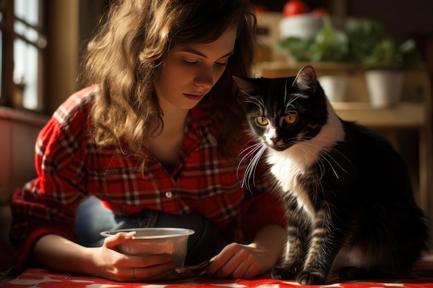 Foto mulher de camisa a quadros vermelha alimenta seu gato preto e branco na cozinha