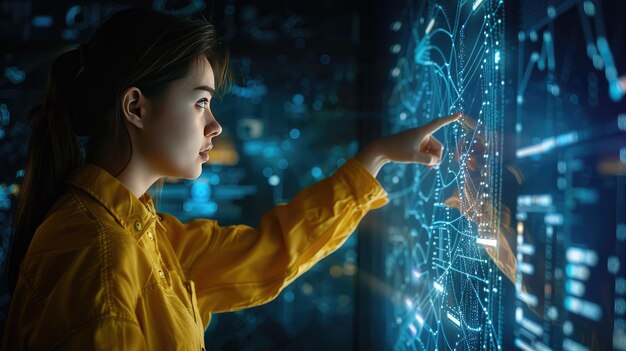 Mulher de camisa amarela apontando para a tela Foto de estoque de tecnologia avançada em fundo escuro